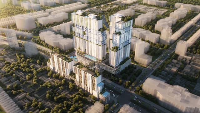 Tổng thể tổ hợp cao tầng và các dãy nhà phố nhìn từ trên cao — King Crown City, Thành Phố Hồ Chí Minh, Việt Nam