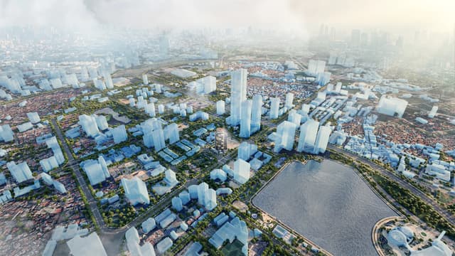 Vị trí tháp trụ sở trong tổng thể đô thị nhìn từ trên cao — Trụ Sở EVN, Hà Nội, Việt Nam